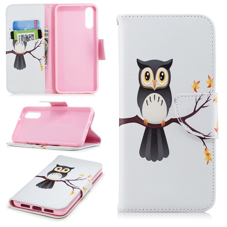 Pattern Printing PU Leather Magnetic Wallet Stand Mobile Phone Case for Huawei P20 - Owl on Branch-1