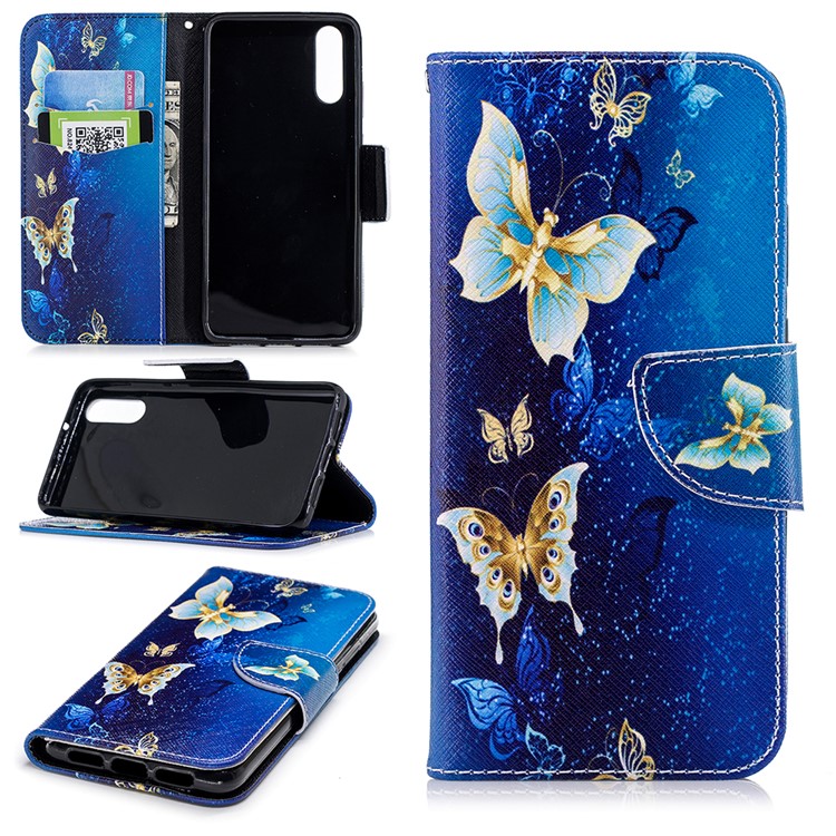 Pattern Printing PU Leather Magnetic Wallet Stand Cell Phone Case for Huawei P20 - Gold and Blue Butterfly-1