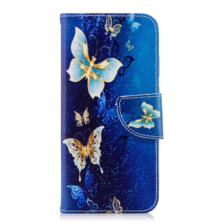 Pattern Printing PU Leather Magnetic Wallet Stand Cell Phone Case for Huawei P20 - Gold and Blue Butterfly-2