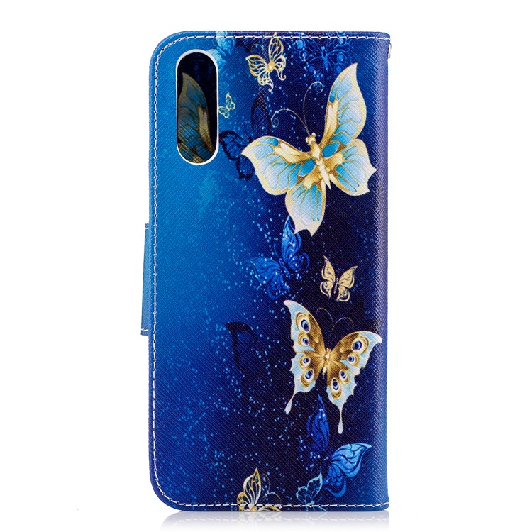 Pattern Printing PU Leather Magnetic Wallet Stand Cell Phone Case for Huawei P20 - Gold and Blue Butterfly-3