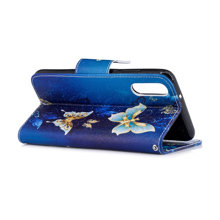 Pattern Printing PU Leather Magnetic Wallet Stand Cell Phone Case for Huawei P20 - Gold and Blue Butterfly-4
