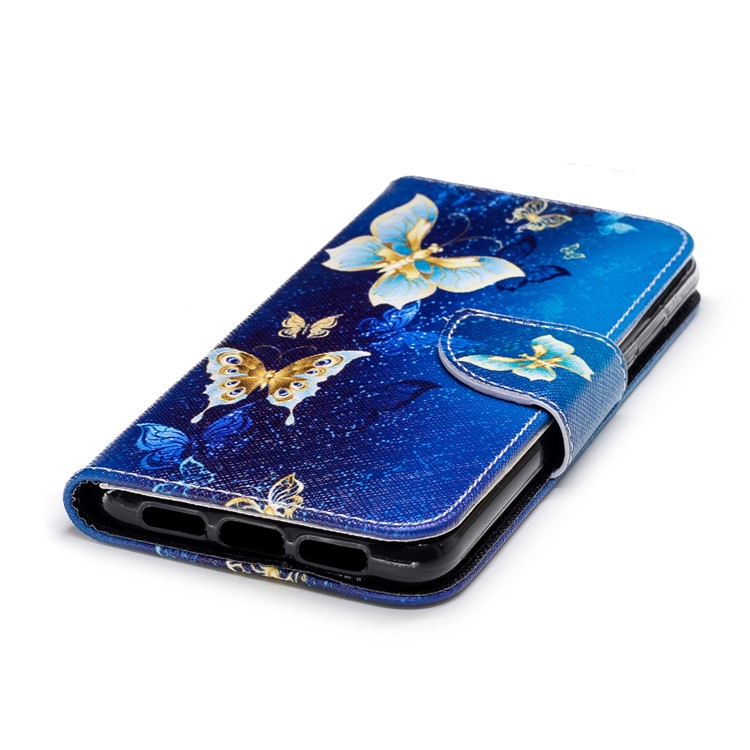 Pattern Printing PU Leather Magnetic Wallet Stand Cell Phone Case for Huawei P20 - Gold and Blue Butterfly-6