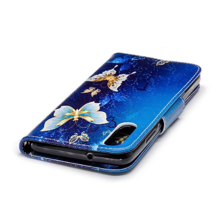 Pattern Printing PU Leather Magnetic Wallet Stand Cell Phone Case for Huawei P20 - Gold and Blue Butterfly-7