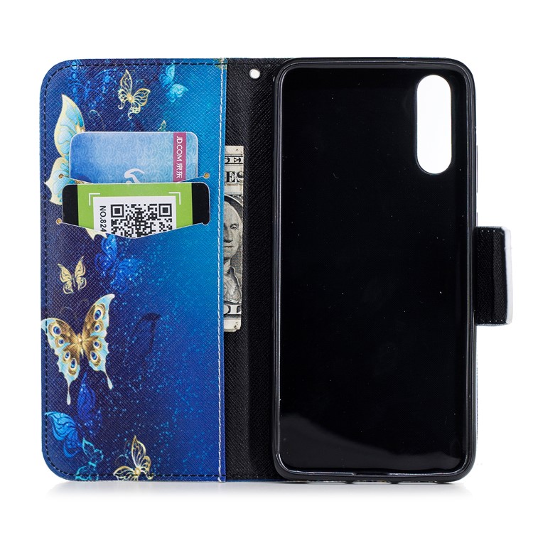 Pattern Printing PU Leather Magnetic Wallet Stand Cell Phone Case for Huawei P20 - Gold and Blue Butterfly-8