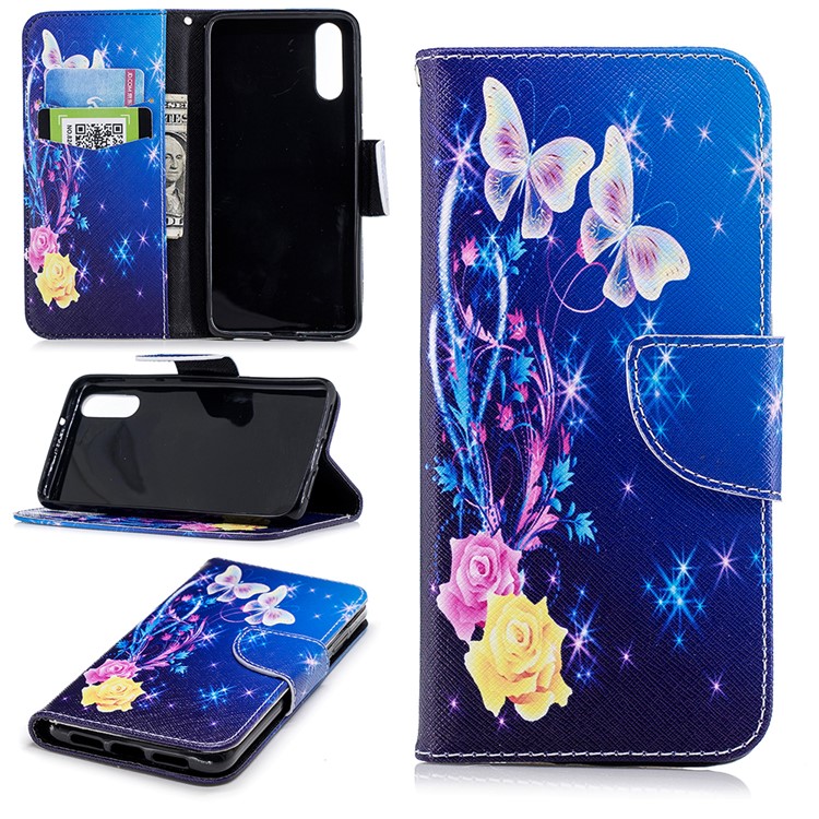 Pattern Printing PU Leather Magnetic Wallet Stand Cell Phone Cover for Huawei P20 - Crystal Butterfly and Flower-1