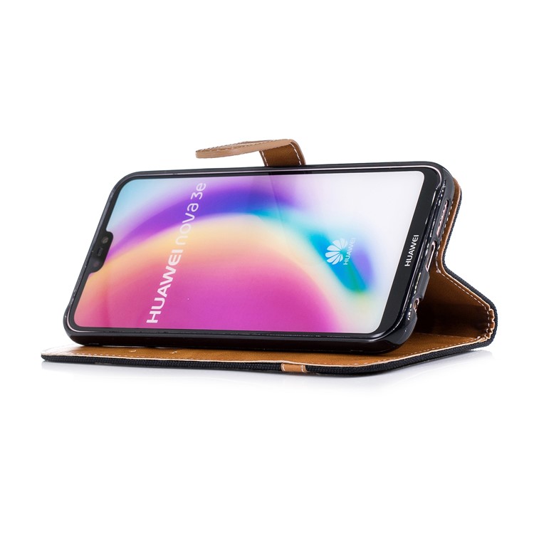 Jeans Cloth Texture Leather Wallet Stand Case for Huawei P20 Lite/Nova 3e - Black-7