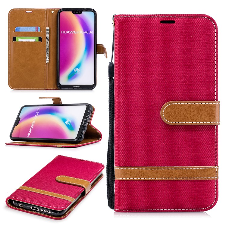 Jeans Cloth Texture Leather Wallet Stand Shell for Huawei P20 Lite/Nova 3e - Red-1