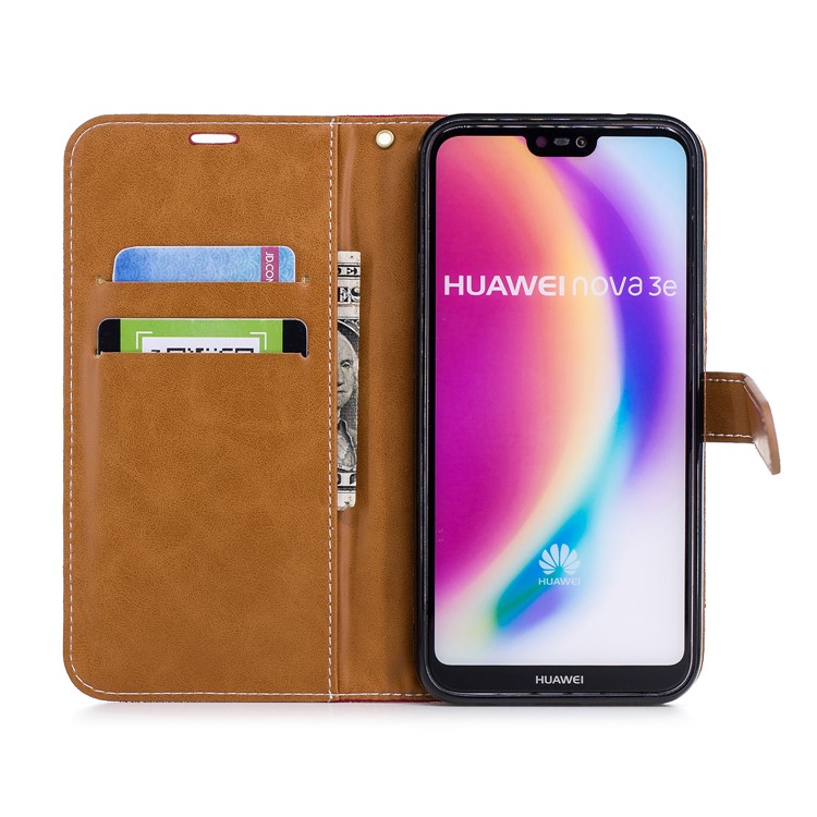 Jeans Cloth Texture Leather Wallet Stand Shell for Huawei P20 Lite/Nova 3e - Red-10