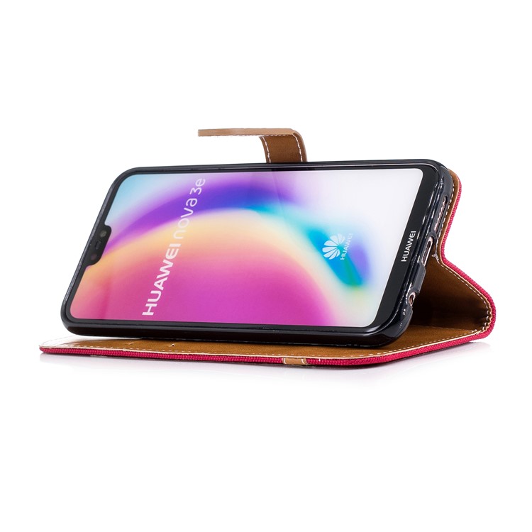 Jeans Cloth Texture Leather Wallet Stand Shell for Huawei P20 Lite/Nova 3e - Red-7