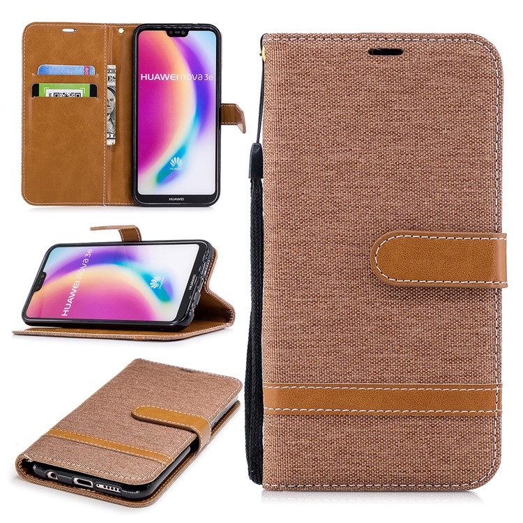 Jeans Cloth Texture Leather Wallet Phone Case for Huawei P20 Lite/Nova 3e - Khaki-1