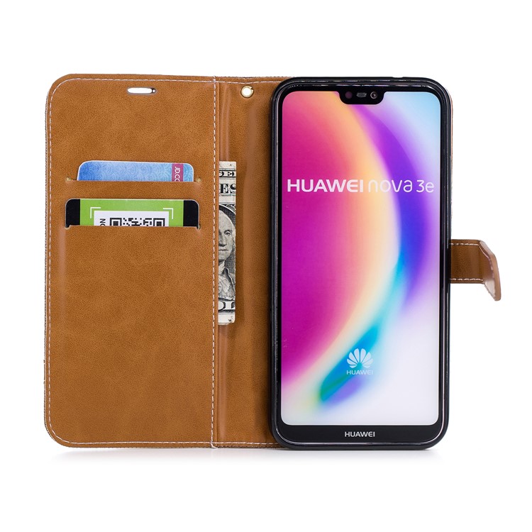 Jeans Cloth Texture Leather Wallet Phone Case for Huawei P20 Lite/Nova 3e - Khaki-10