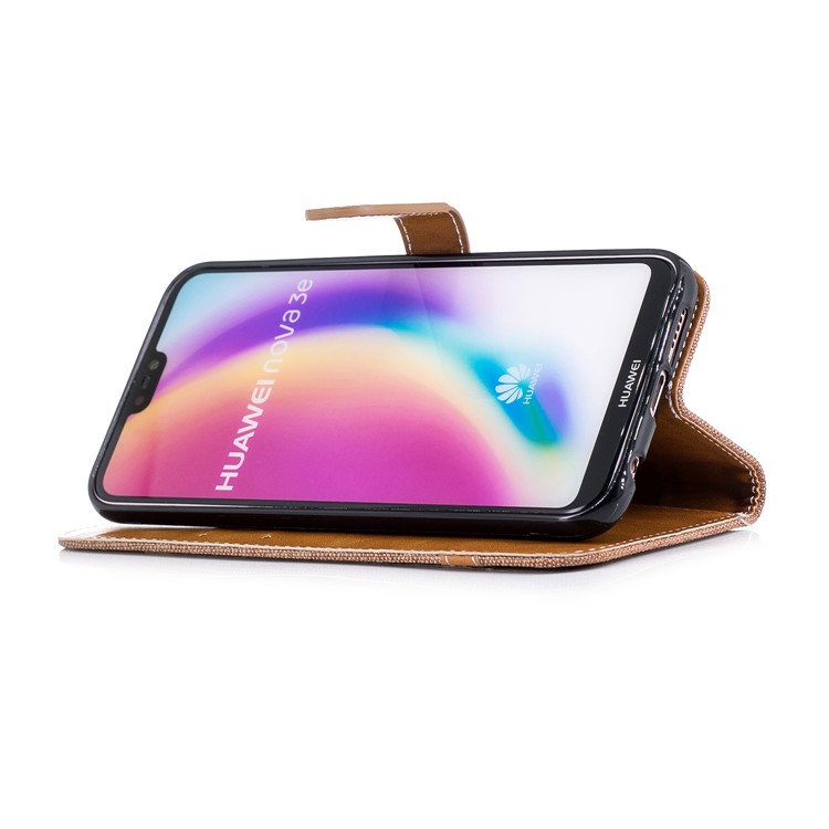 Jeans Cloth Texture Leather Wallet Phone Case for Huawei P20 Lite/Nova 3e - Khaki-7