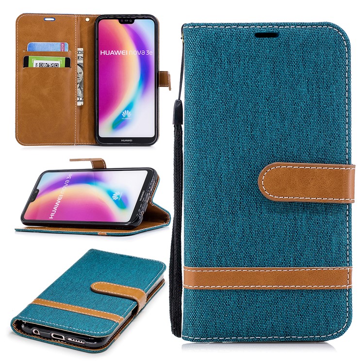 Jeans Cloth Texture Leather Wallet Phone Cover for Huawei P20 Lite/Nova 3e - Green-1