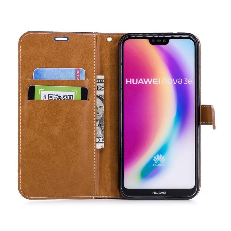 Jeans Cloth Texture Leather Wallet Phone Cover for Huawei P20 Lite/Nova 3e - Green-10