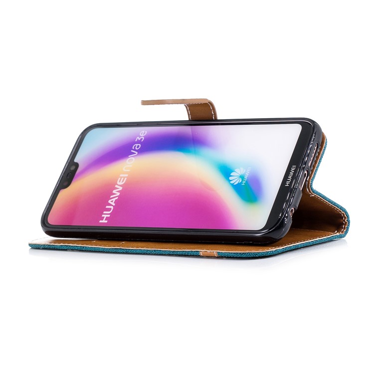 Jeans Cloth Texture Leather Wallet Phone Cover for Huawei P20 Lite/Nova 3e - Green-7