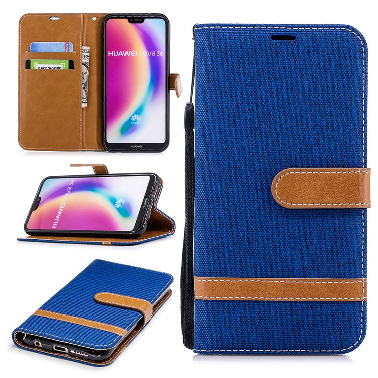 Jeans Cloth Texture Leather Wallet Mobile Casing for Huawei P20 Lite/Nova 3e - Baby Blue-1