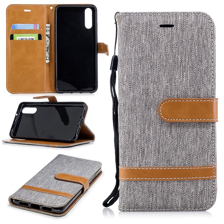 Épissure Jean Tissu PU Portefeuille En Cuir Support Couverture Avec Sangle Pour Huawei P20 - Gris-1