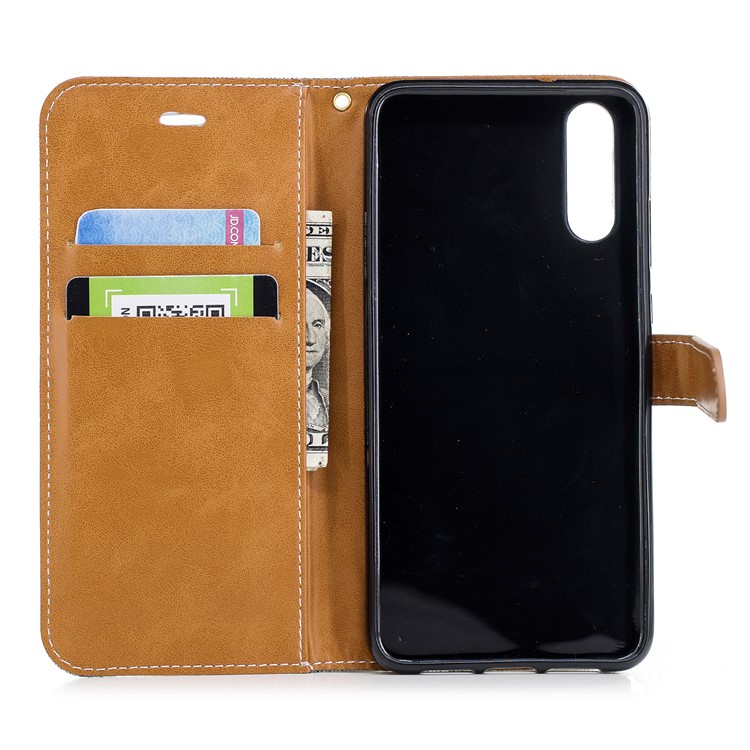 Épissure Jean Tissu PU Portefeuille En Cuir Support Couverture Avec Sangle Pour Huawei P20 - Gris-10