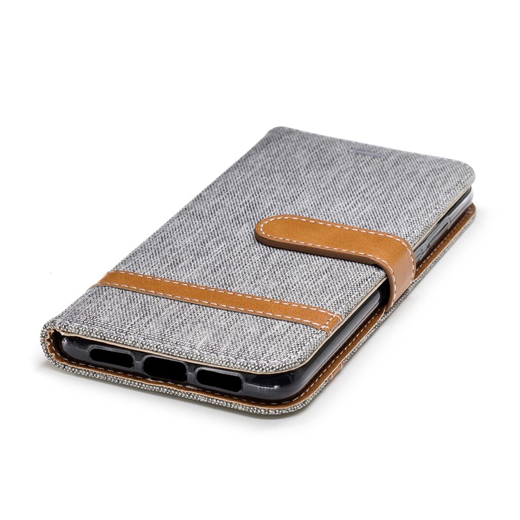 Épissure Jean Tissu PU Portefeuille En Cuir Support Couverture Avec Sangle Pour Huawei P20 - Gris-8