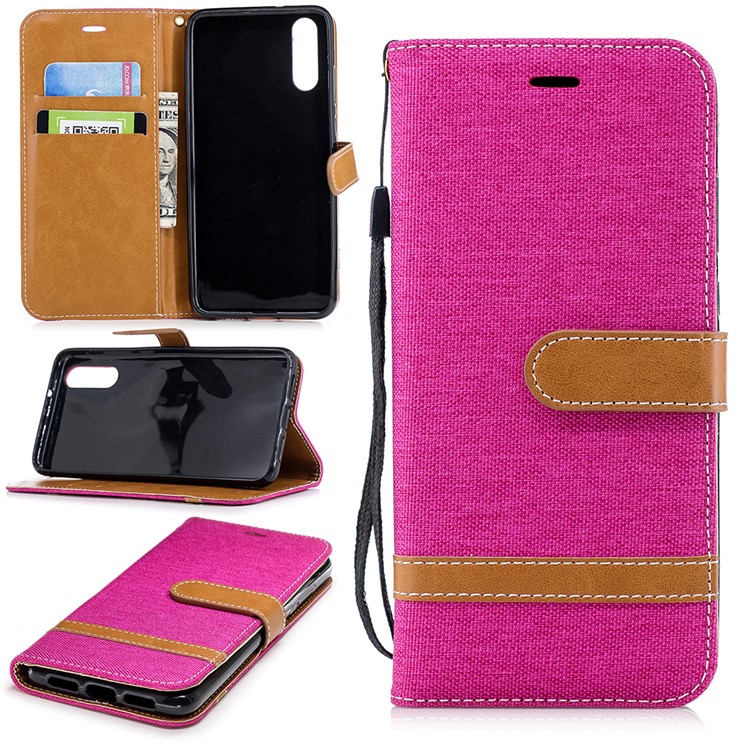 Splicing Jean Cloth PU Leather Stand Wallet Casing with Strap for Huawei P20 - Rose-1