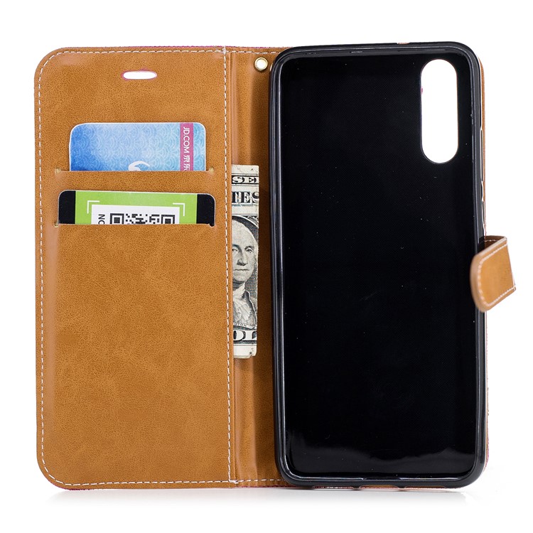 Splicing Jean Cloth PU Leather Stand Wallet Casing with Strap for Huawei P20 - Rose-10