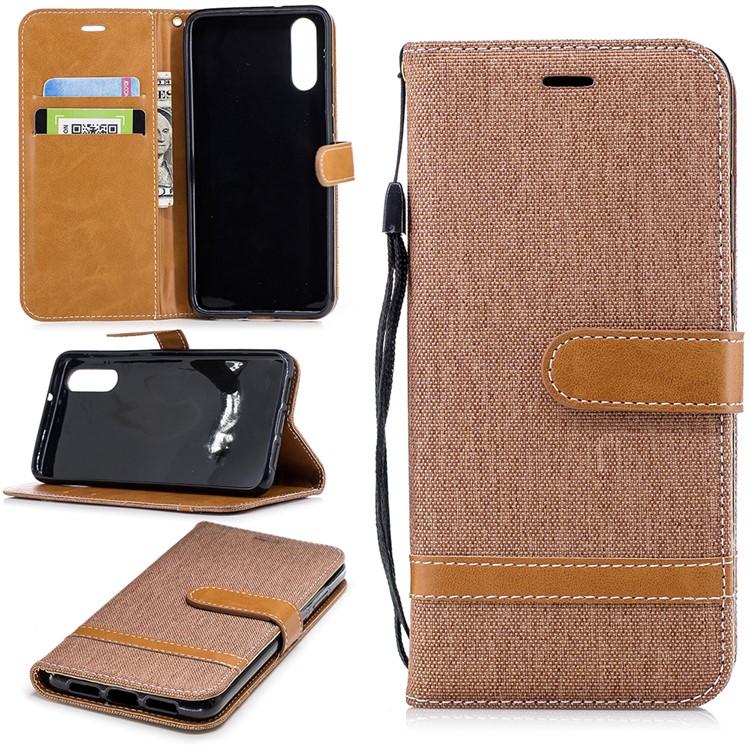 Splicing Jean Cloth PU Leather Wallet Stand Cover Case with Strap for Huawei P20 - Khaki-1