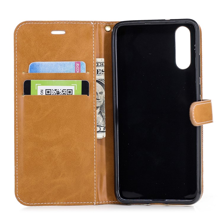 Splicing Jean Cloth PU Leather Wallet Stand Cover Case with Strap for Huawei P20 - Khaki-10