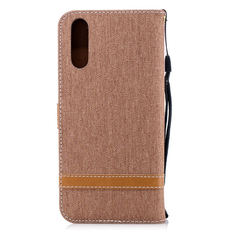 Splicing Jean Cloth PU Leather Wallet Stand Cover Case with Strap for Huawei P20 - Khaki-5