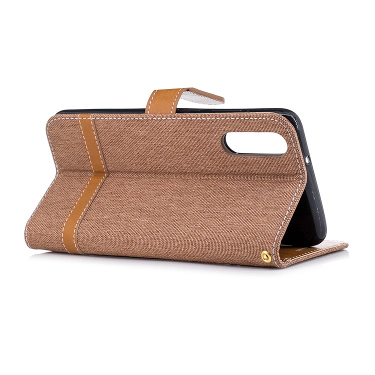 Splicing Jean Cloth PU Leather Wallet Stand Cover Case with Strap for Huawei P20 - Khaki-6