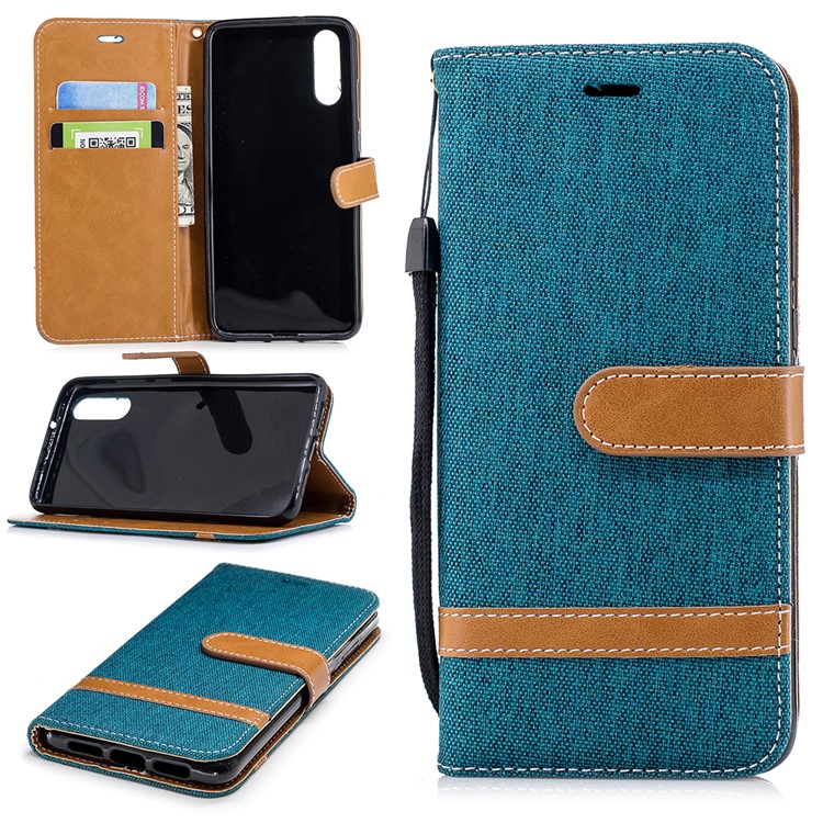 Splicing Jean Cloth PU Leather Wallet Stand Protective Cover Accessory with Strap for Huawei P20 - Cyan-1