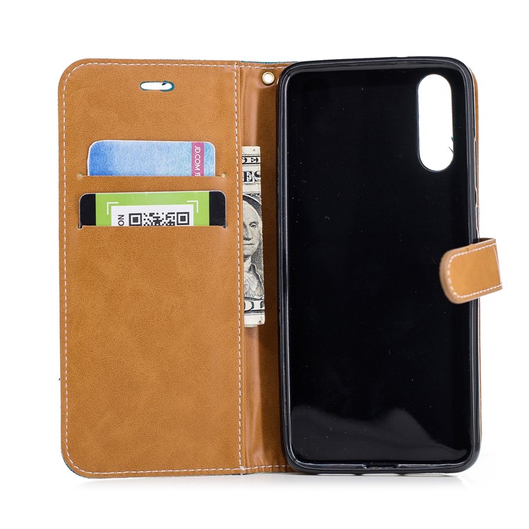 Splicing Jean Cloth PU Leather Wallet Stand Protective Cover Accessory with Strap for Huawei P20 - Cyan-10
