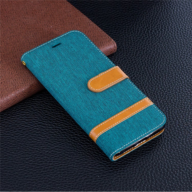 Splicing Jean Cloth PU Leather Wallet Stand Protective Cover Accessory with Strap for Huawei P20 - Cyan-2
