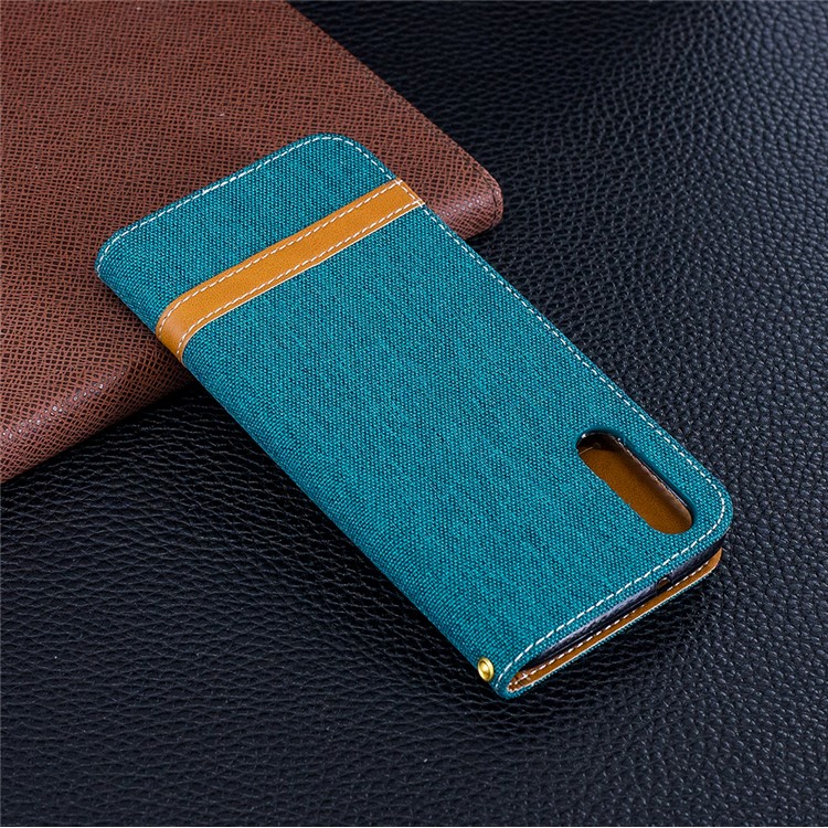 Splicing Jean Cloth PU Leather Wallet Stand Protective Cover Accessory with Strap for Huawei P20 - Cyan-3