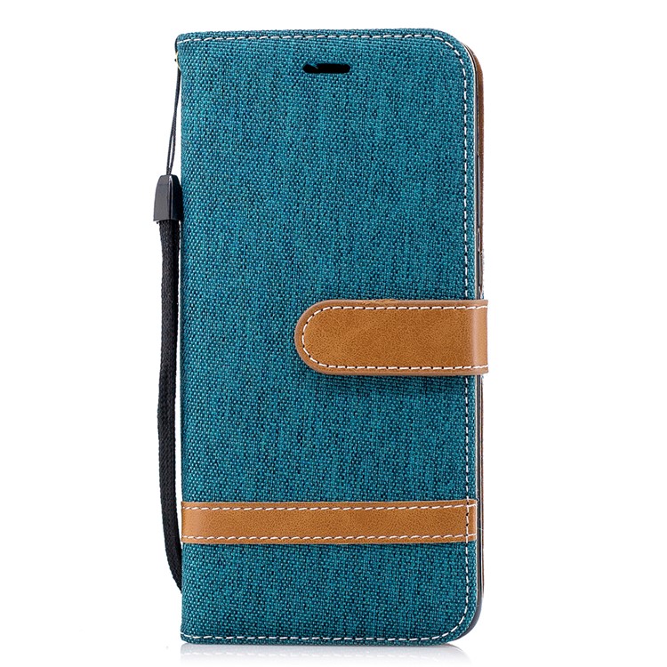 Splicing Jean Cloth PU Leather Wallet Stand Protective Cover Accessory with Strap for Huawei P20 - Cyan-4