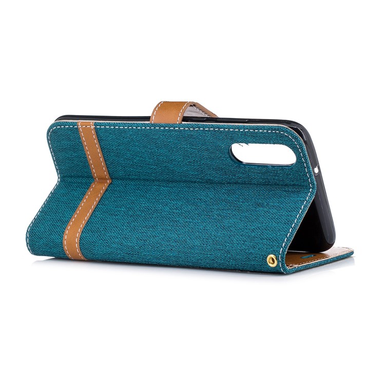 Splicing Jean Cloth PU Leather Wallet Stand Protective Cover Accessory with Strap for Huawei P20 - Cyan-6