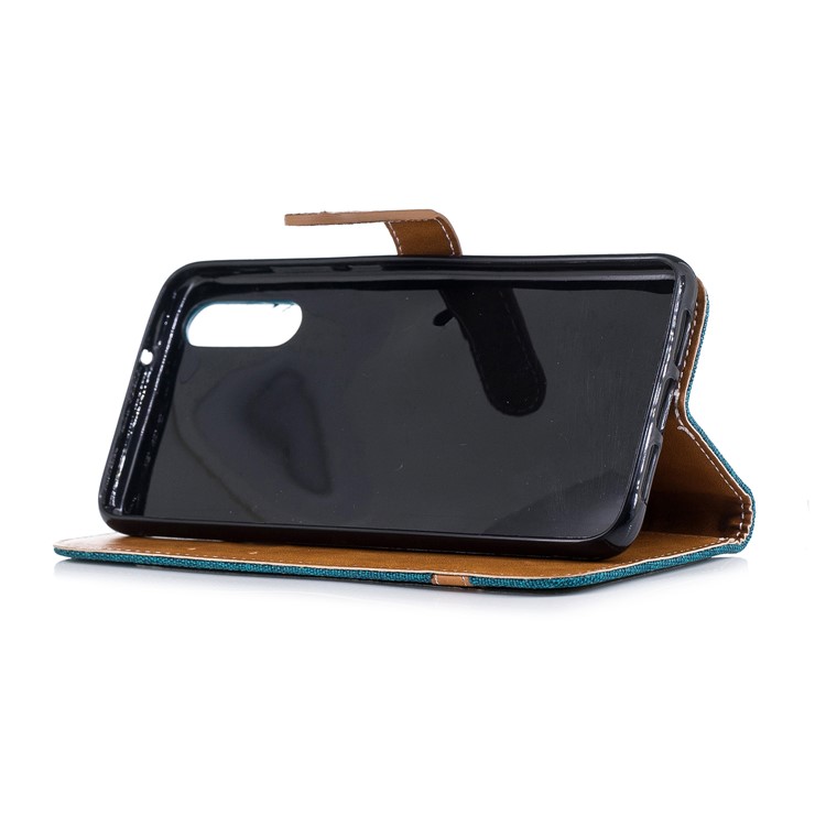 Splicing Jean Cloth PU Leather Wallet Stand Protective Cover Accessory with Strap for Huawei P20 - Cyan-7