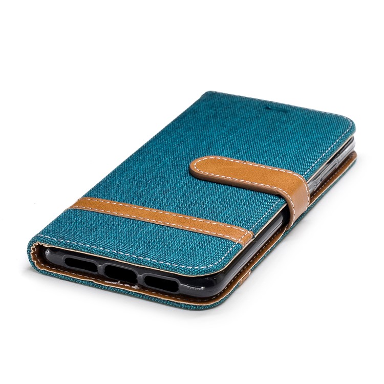 Splicing Jean Cloth PU Leather Wallet Stand Protective Cover Accessory with Strap for Huawei P20 - Cyan-8