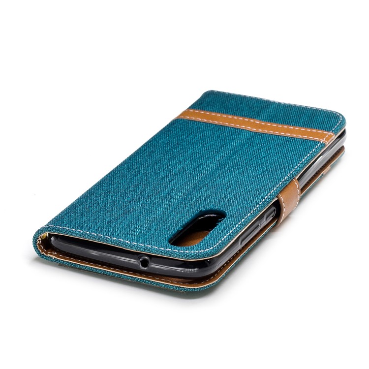 Splicing Jean Cloth PU Leather Wallet Stand Protective Cover Accessory with Strap for Huawei P20 - Cyan-9