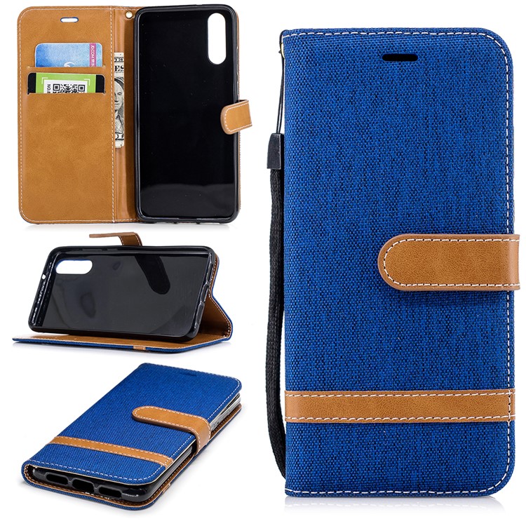 Splicing Jean Cloth PU Leather Wallet Stand Mobile Protective Case with Strap for Huawei P20 - Baby Blue-1