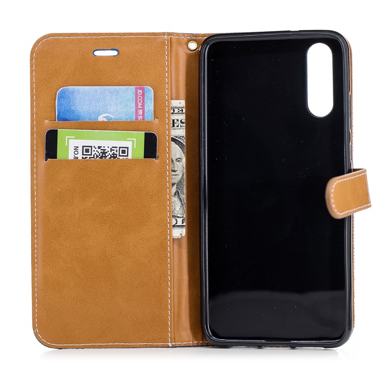 Splicing Jean Cloth PU Leather Wallet Stand Mobile Protective Case with Strap for Huawei P20 - Baby Blue-10