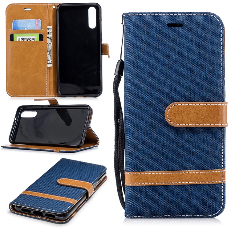 Splicing Jean Cloth PU Leather Wallet Stand Flip Cover with Strap for Huawei P20 - Dark Blue-1