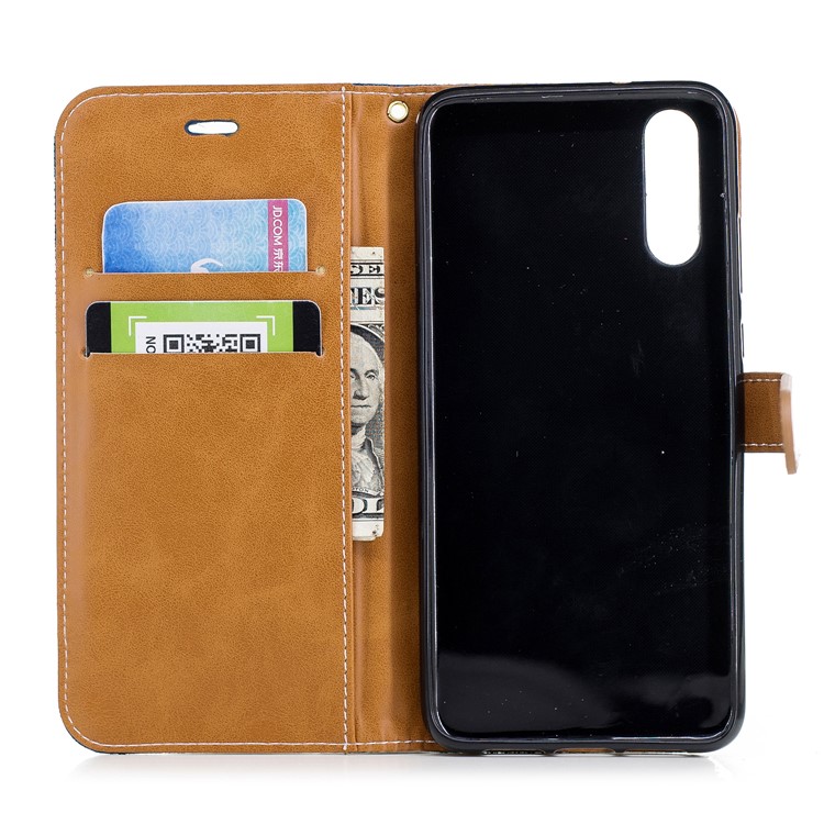 Splicing Jean Cloth PU Leather Wallet Stand Flip Cover with Strap for Huawei P20 - Dark Blue-10
