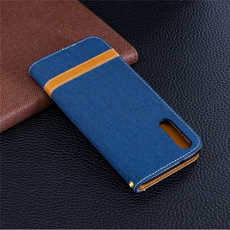 Splicing Jean Cloth PU Leather Wallet Stand Flip Cover with Strap for Huawei P20 - Dark Blue-3