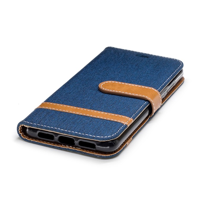 Splicing Jean Cloth PU Leather Wallet Stand Flip Cover with Strap for Huawei P20 - Dark Blue-8