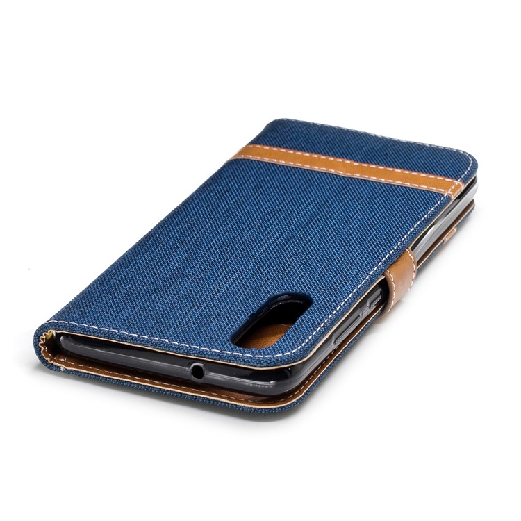Splicing Jean Cloth PU Leather Wallet Stand Flip Cover with Strap for Huawei P20 - Dark Blue-9