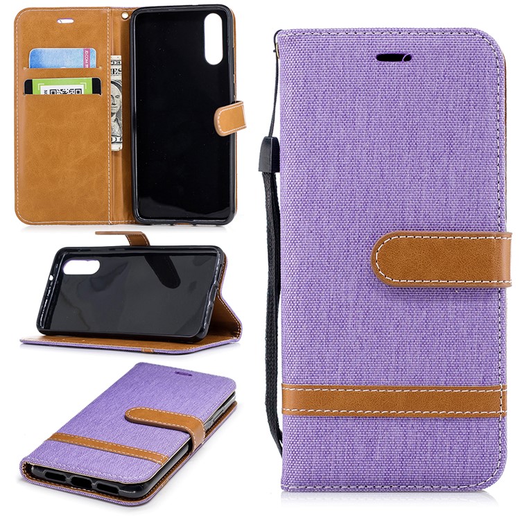 Splicing Jean Cloth PU Leather Wallet Stand Flip Accessory Case with Strap for Huawei P20 - Purple-1