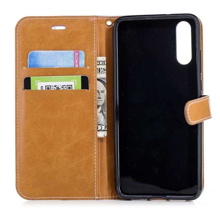 Splicing Jean Cloth PU Leather Wallet Stand Flip Accessory Case with Strap for Huawei P20 - Purple-10