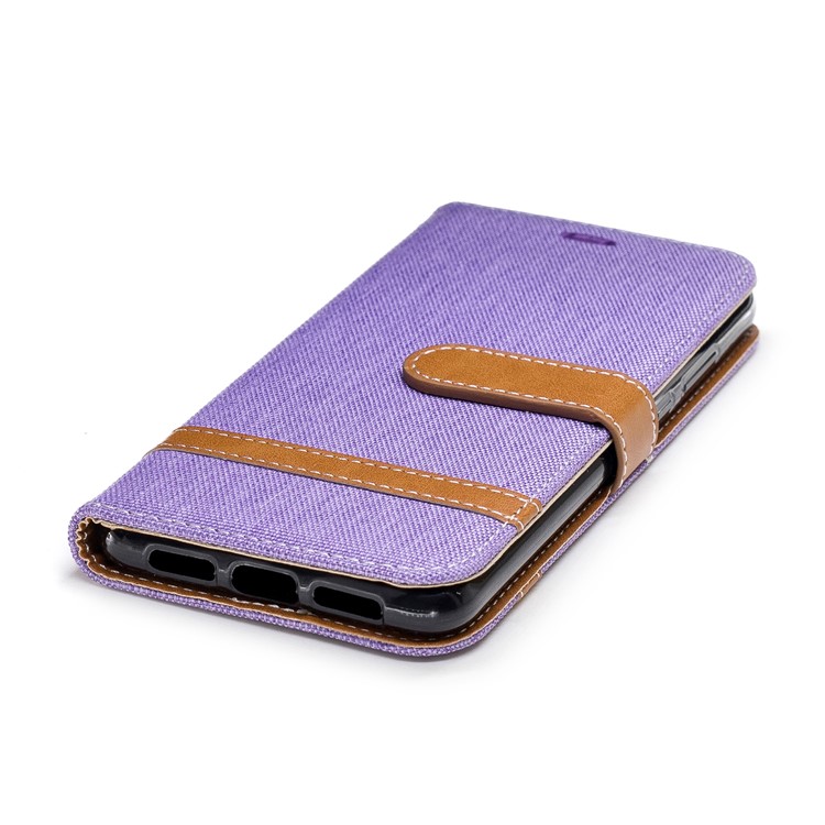 Splicing Jean Cloth PU Leather Wallet Stand Flip Accessory Case with Strap for Huawei P20 - Purple-8