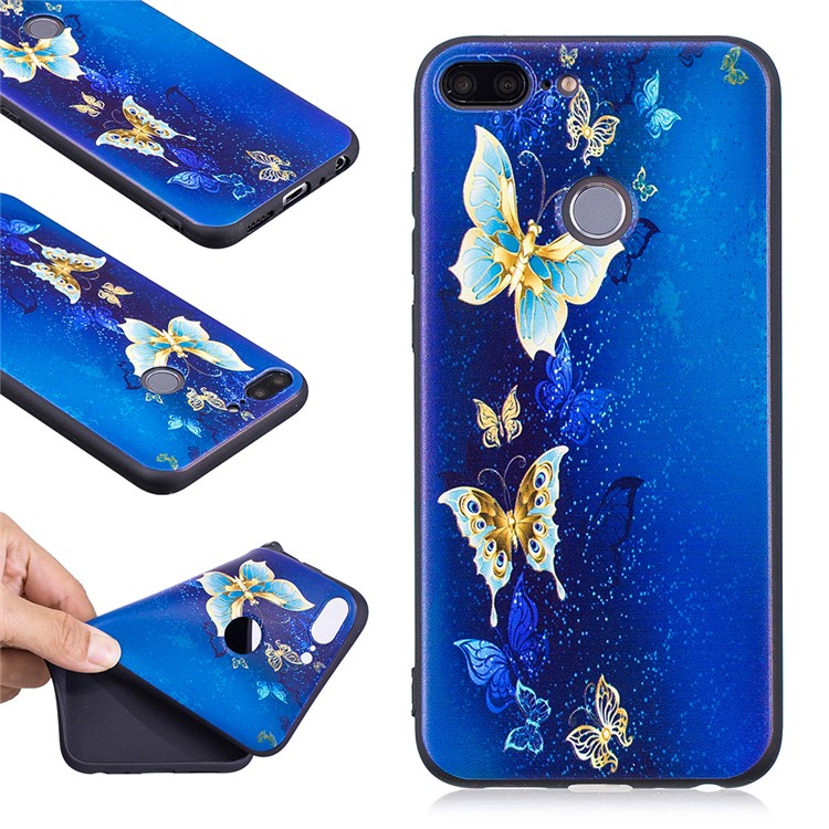 Embossment Soft TPU Phone Casing for Huawei Honor 9 Lite/9 Youth Edition - Blue Butterfly-1