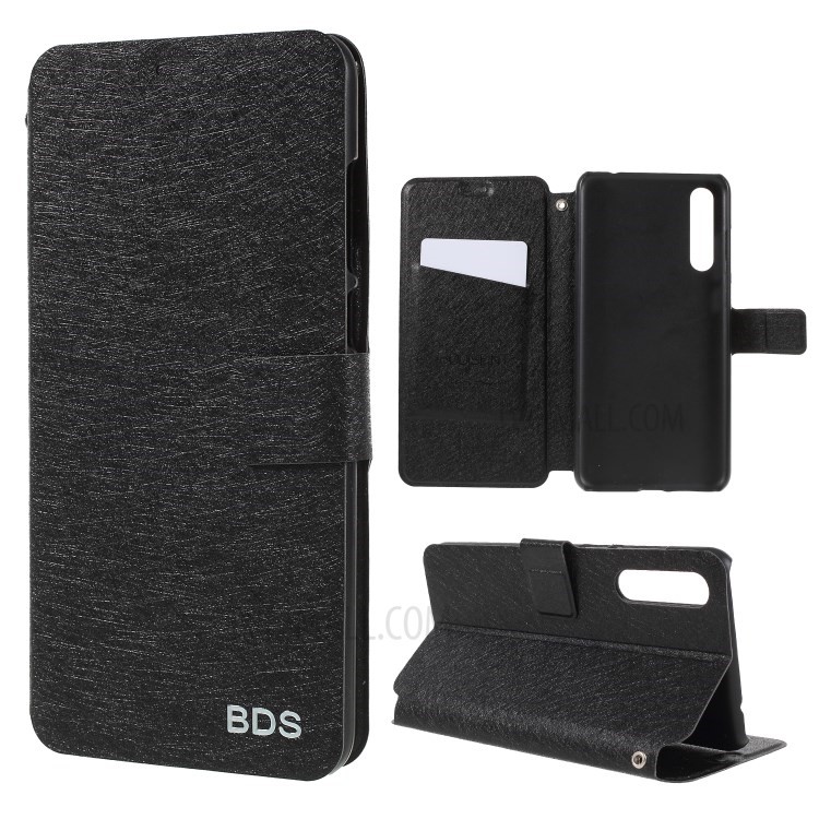 Silk Texture Card Holder Leather Flip Stand Phone Case for Huawei P20 - Black-1